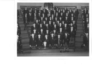 Black and white photograph of pupils at Jewish Assembly in the late 1950s or 1960s • Manchester Grammar School Archive