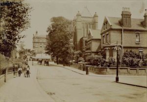 Sepia photograph of Hampstead Synagogue, image dated circa 1910. From the Camden Local Studies and Archives Centre