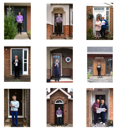 Participants in the Arriving and Belonging project pictured stood outside their front doors.