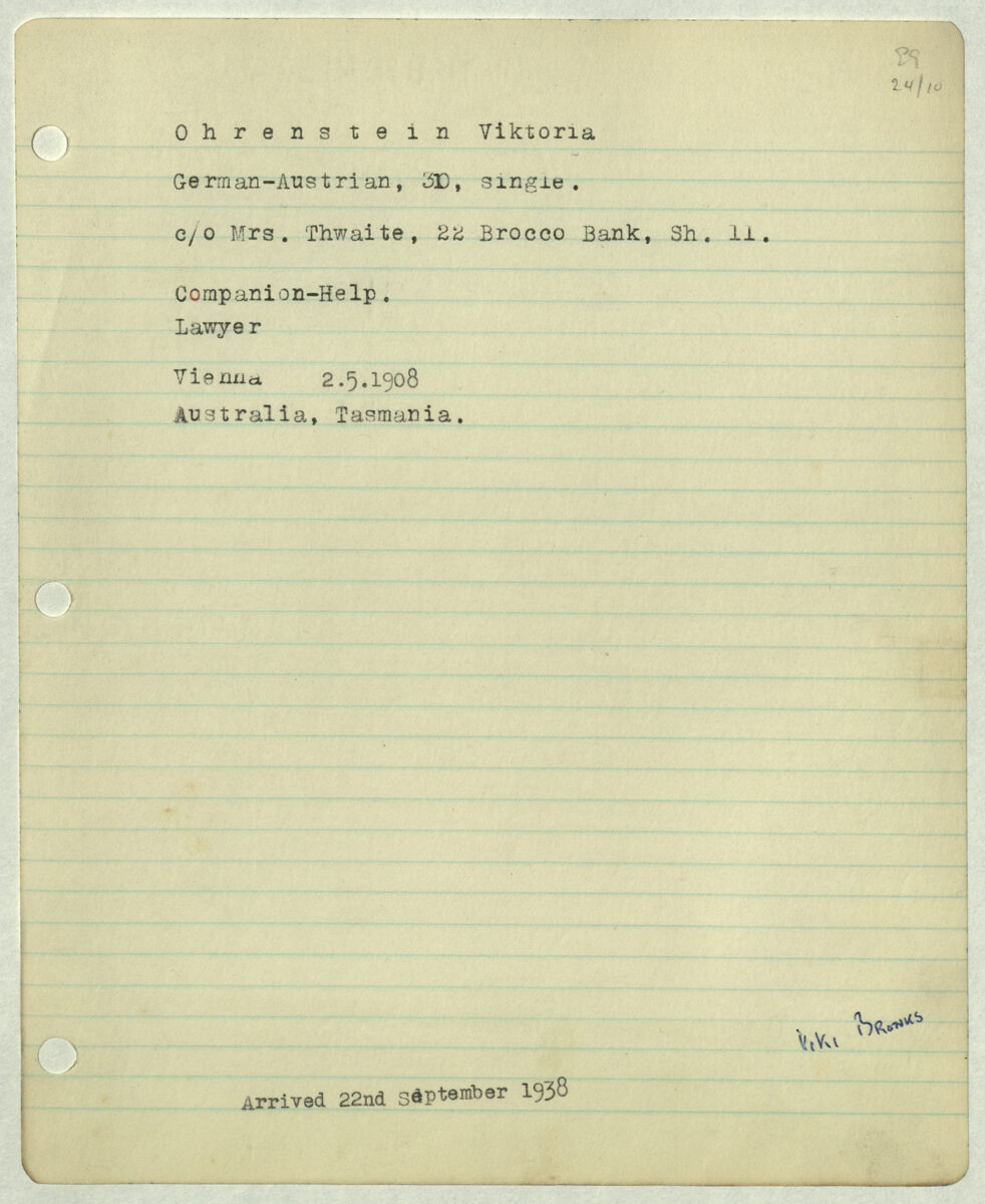 Lined page from the index with typed record for Viktoria Ohrenstein.