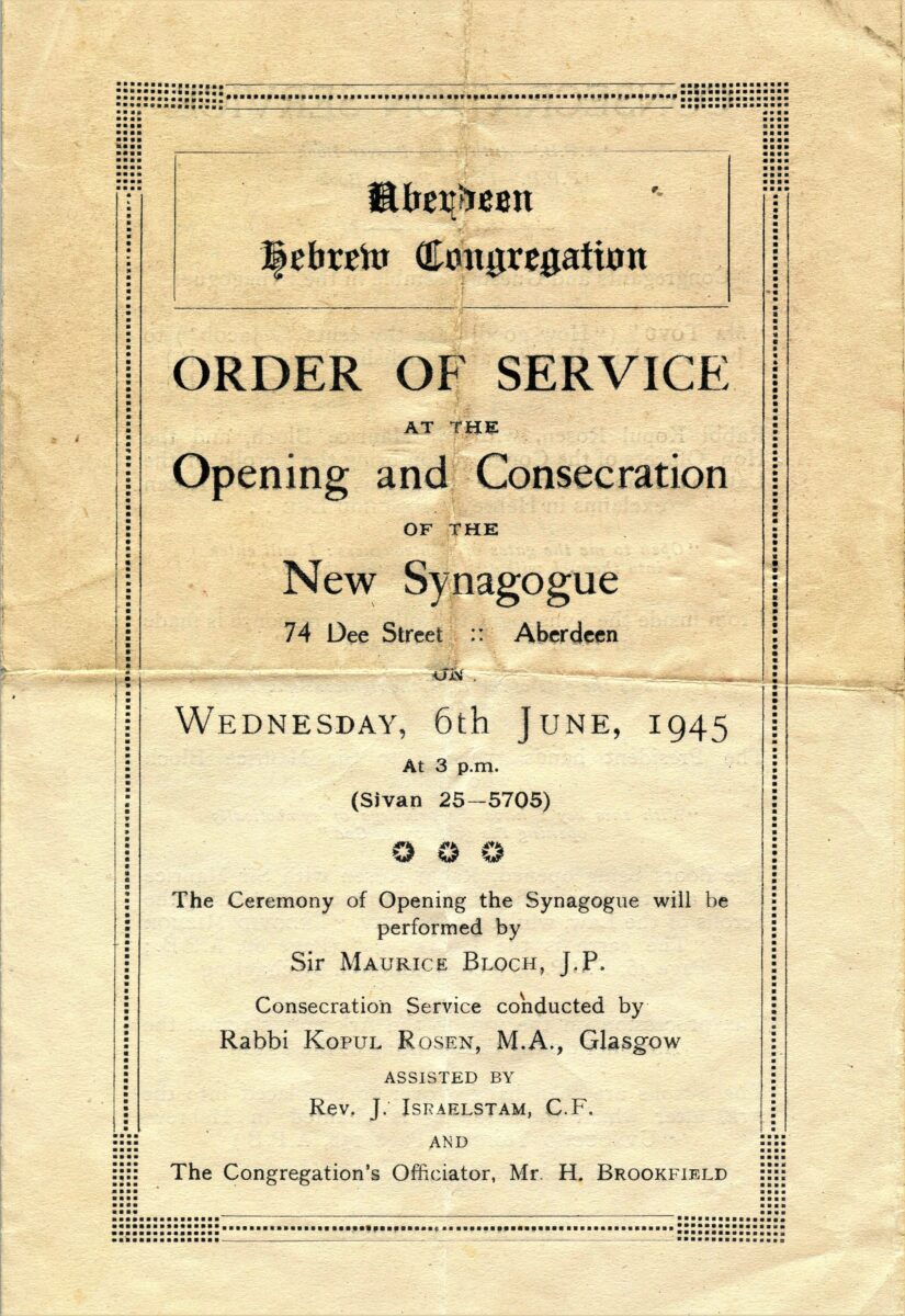An order of service from Aberdeen Hebrew Congregation for the opening of the new synagogue in 1945