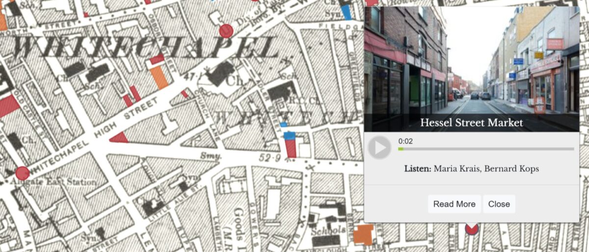 A map of the London East End with several places marked and one expanded to show Hessel Street Market and an audio recording.