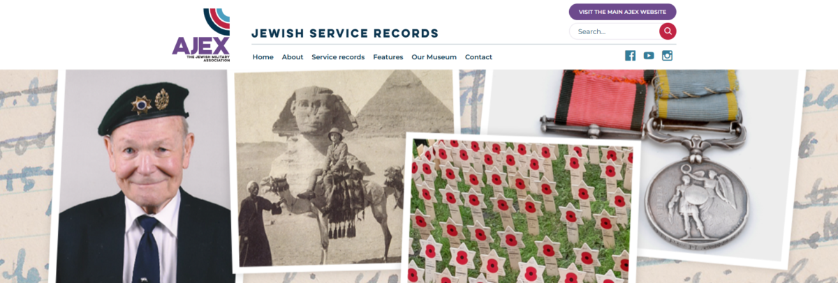 Screenshot of AJEX website featuring a photo of a retired soldier with his cap on, medals and remembrance poppies on star of David stakes.
