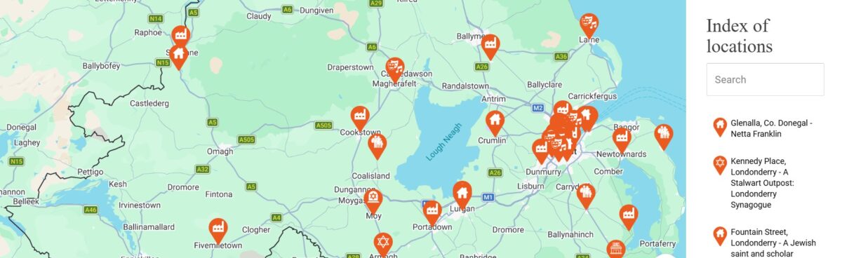 Screenshot of a map of an area of Northern Ireland with places marked by location pins.