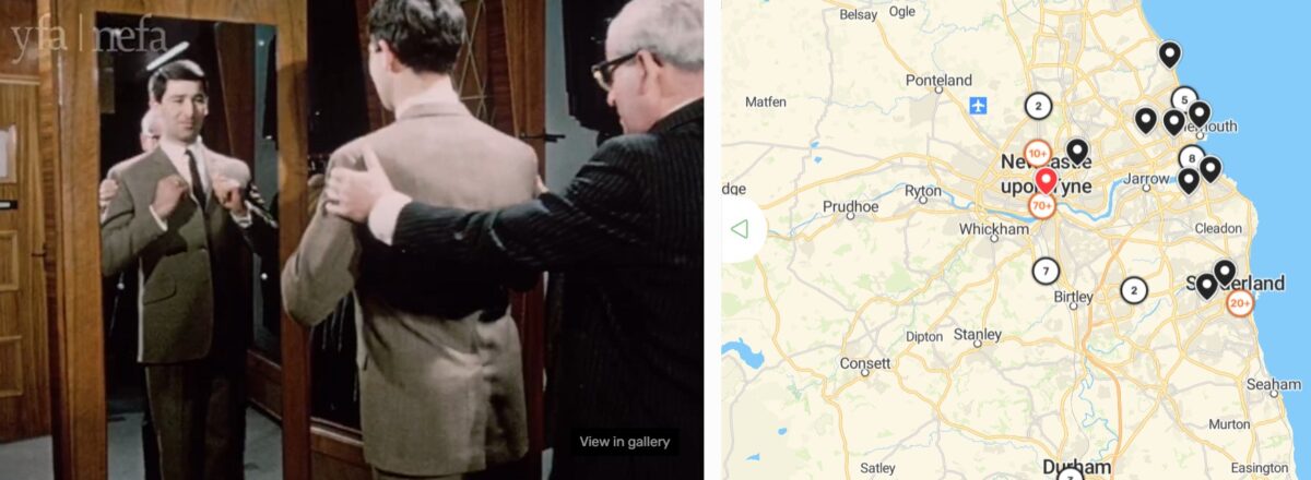 Screenshot with one half showing a map of North East England including Newcastle with several location pins and the other half showing a old film of someone trying on a suit with a tailor.