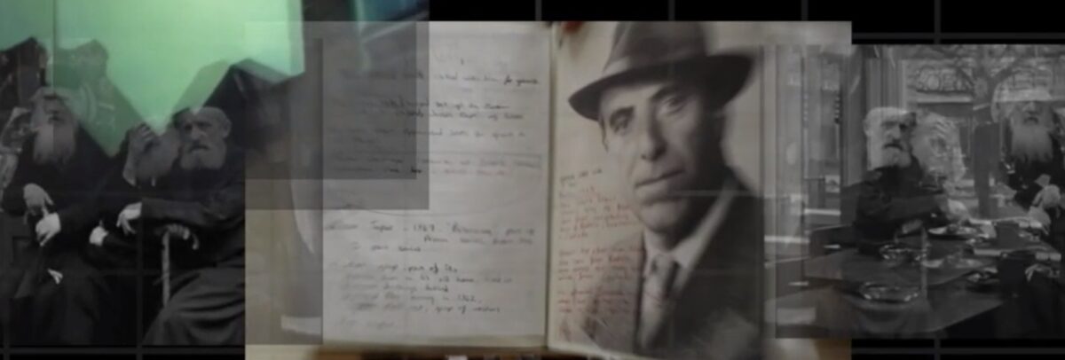 A screenshot showing black and white photos of a man in a fedora hat and several older men with white beards.