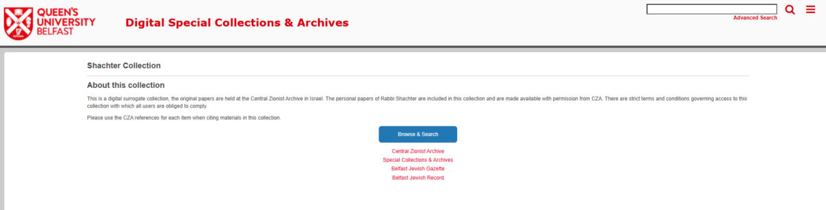 Screenshot of the Queen's University Belfast Digital Special Collections & Archives site.