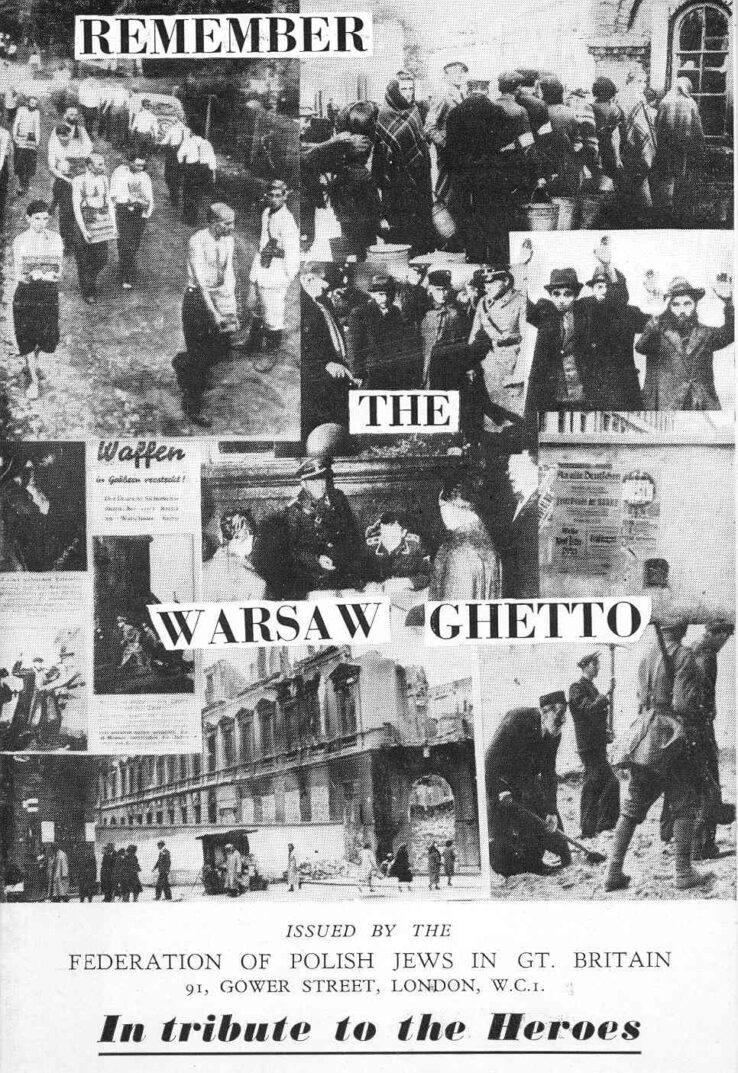 Black and white poster with a collage of photographs with the words The Warsaw Ghetto across them.